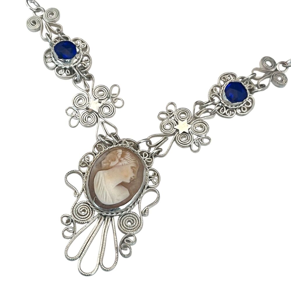 Vintage 1950s Italian Shell Cameo Necklace Victorian Revival Filigree - 9H1
